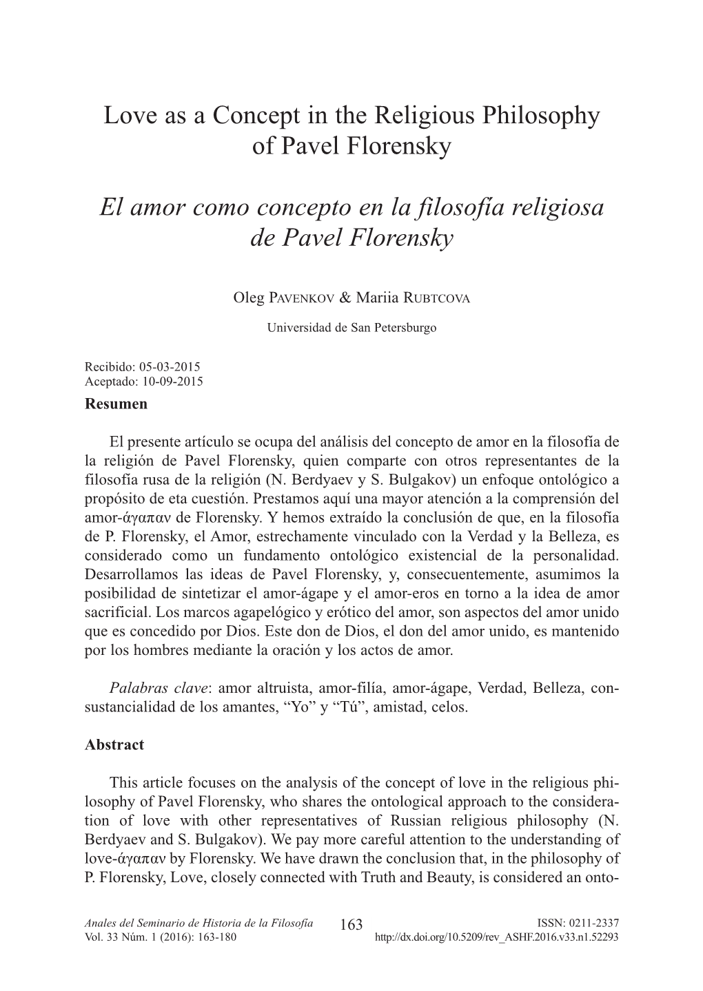 Love As a Concept in the Religious Philosophy of Pavel Florensky