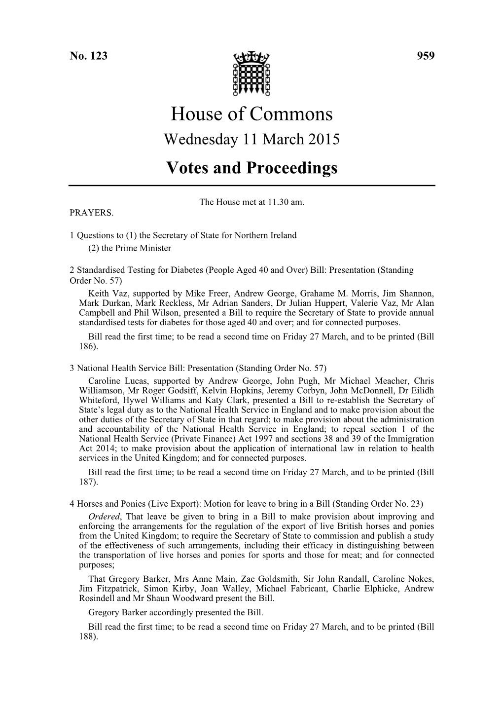 House of Commons Wednesday 11 March 2015 Votes and Proceedings