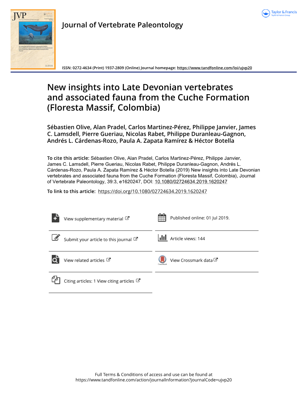 New Insights Into Late Devonian Vertebrates and Associated Fauna from the Cuche Formation (Floresta Massif, Colombia)