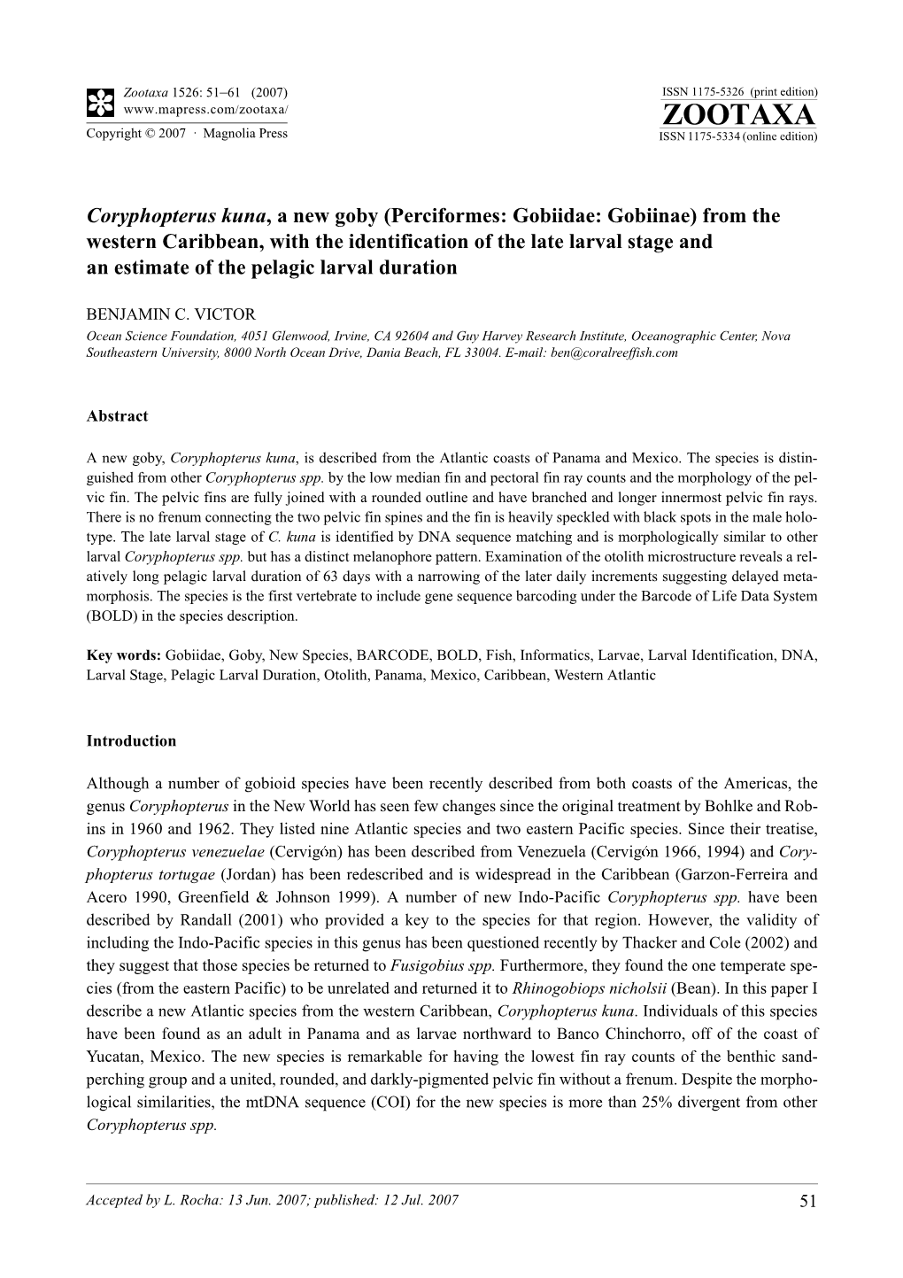 Zootaxa,Coryphopterus Kuna, a New Goby (Perciformes: Gobiidae