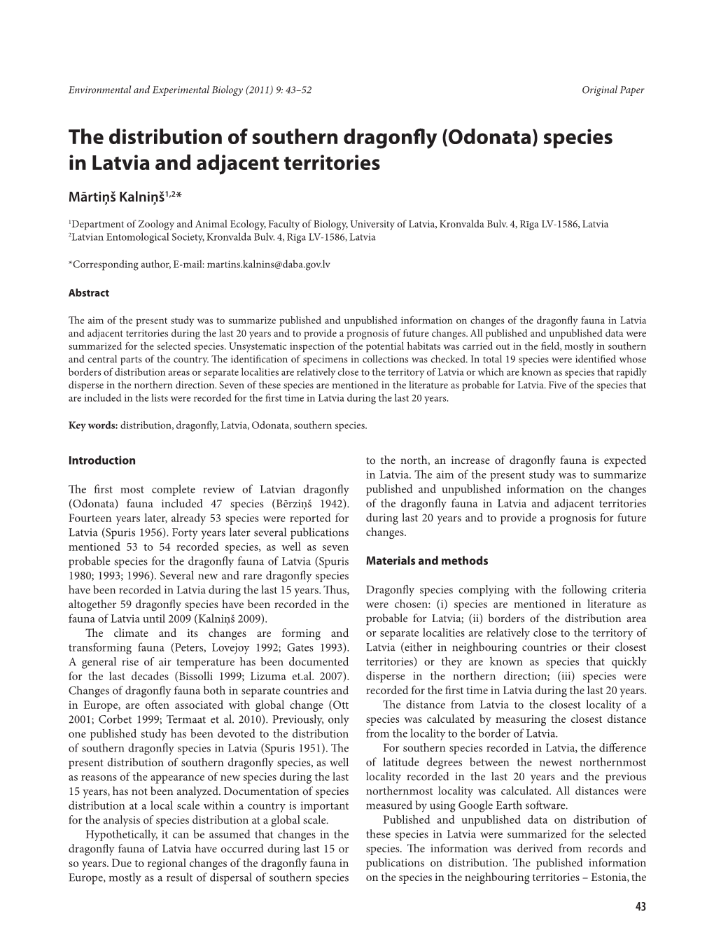 Odonata) Species in Latvia and Adjacent Territories