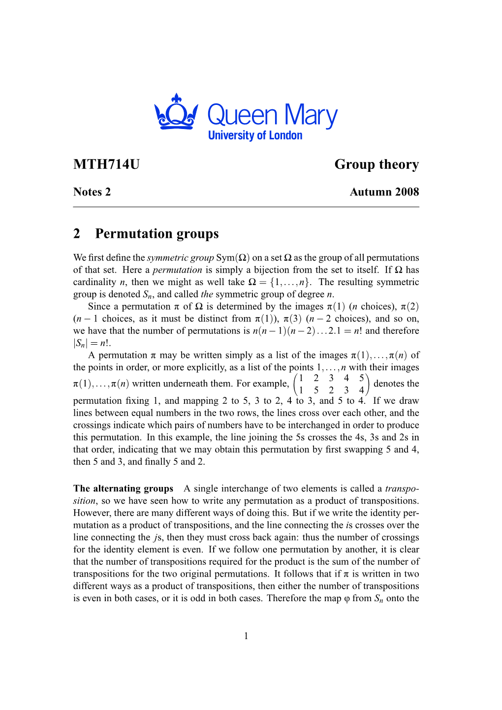 MTH714U Group Theory 2 Permutation Groups