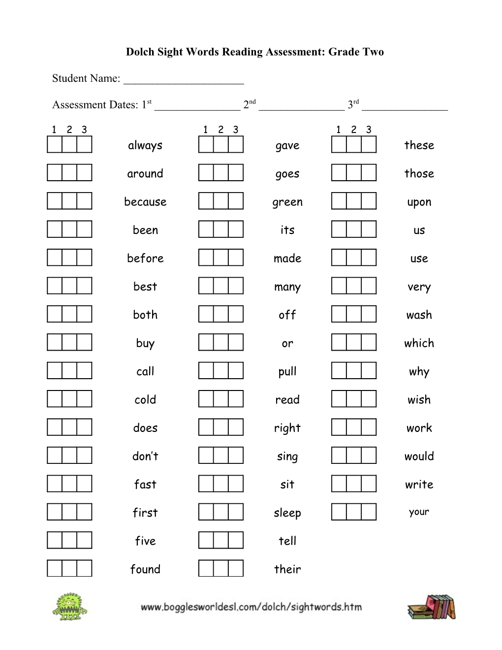 Dolch Assessment Sheet: Grade Two