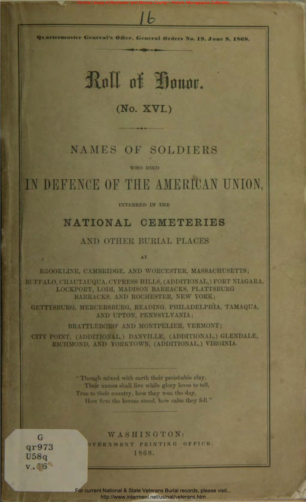 Names of Soldiers Who Died in Defence of the American Union