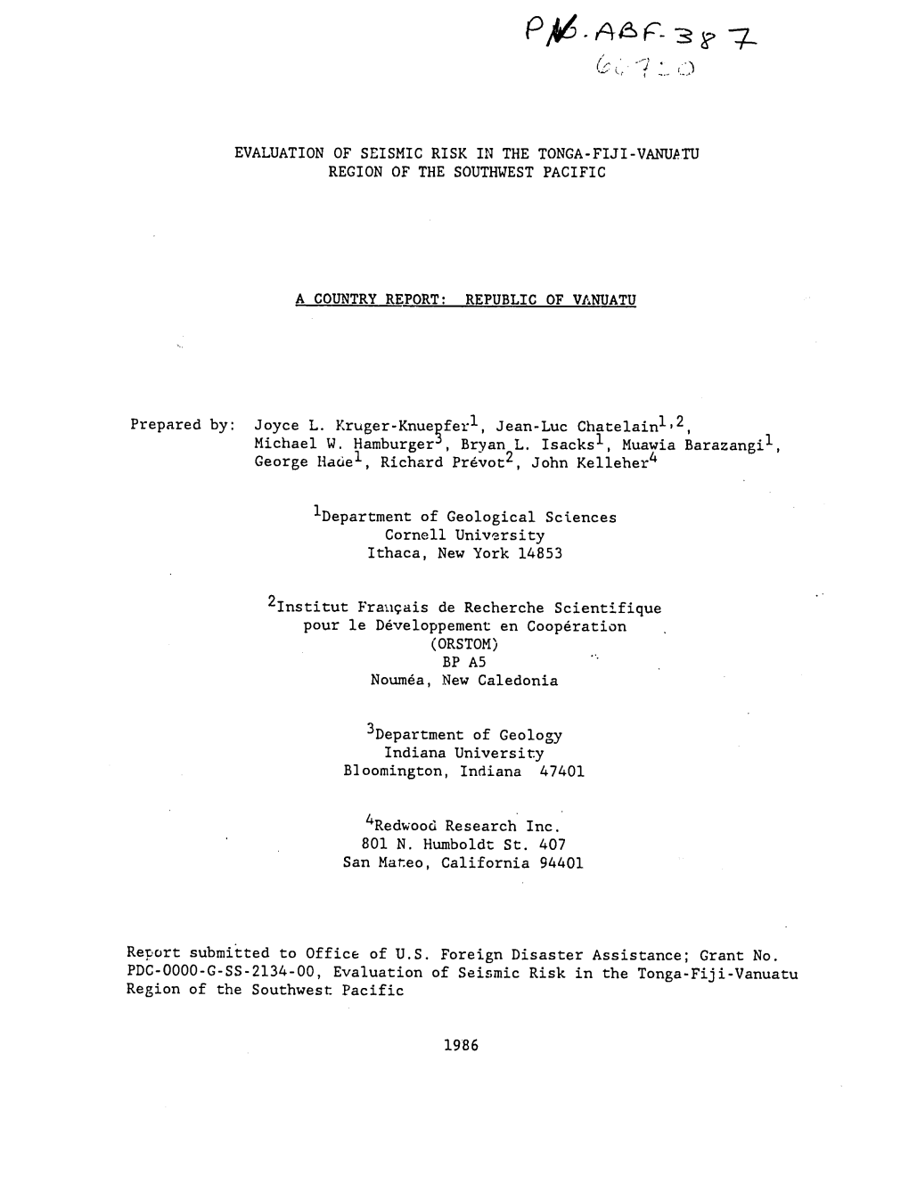 Evaluation of Seismic Risk in the Tonga-Fiji-Vanuptu Region of the Southwest Pacific