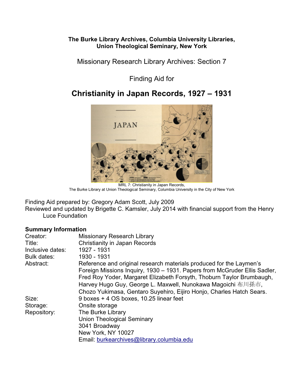 Christianity in Japan Records, 1927 – 1931