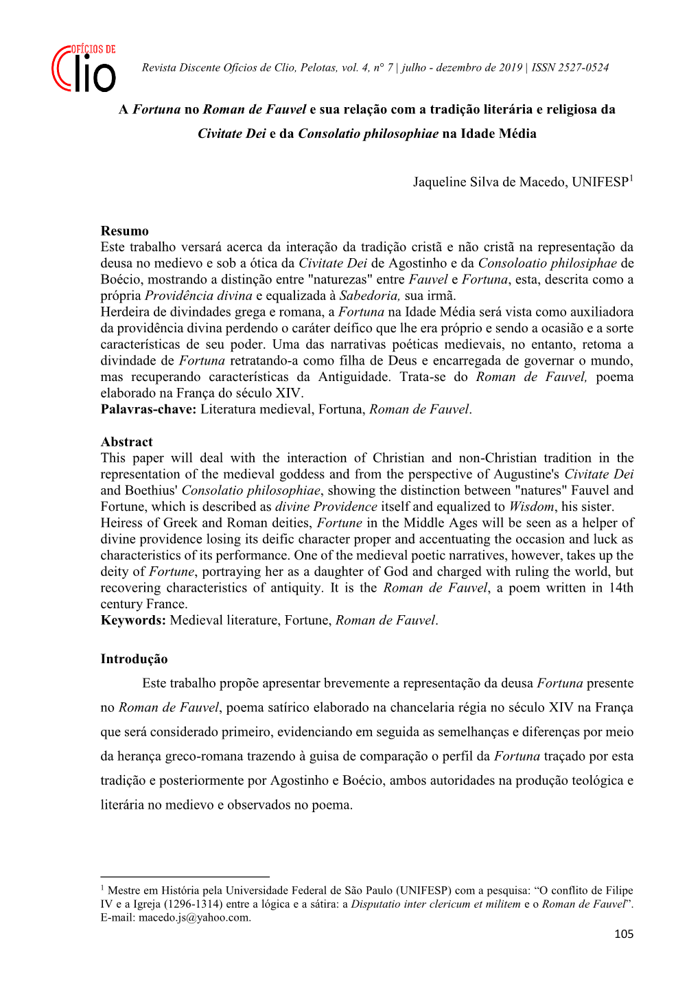 A Fortuna No Roman De Fauvel E Sua Relação Com a Tradição Literária E Religiosa Da Civitate Dei E Da Consolatio Philosophiae Na Idade Média