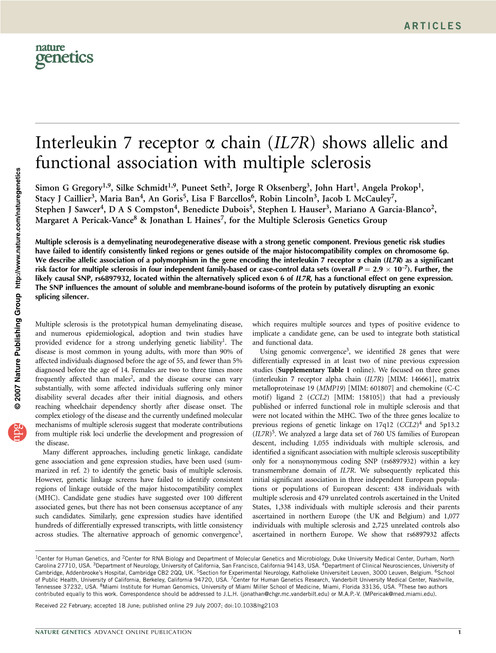 Interleukin 7 Receptor Α Chain (IL7R) Shows Allelic and Functional