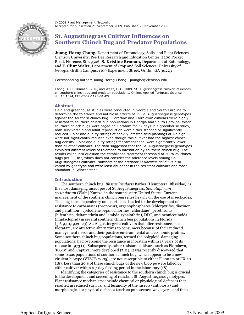 St. Augustinegrass Cultivar Influences on Southern Chinch Bug and Predator Populations