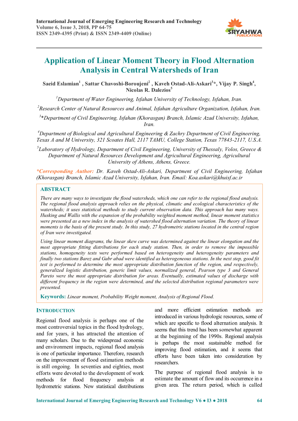 Application of Linear Moment Theory in Flood Alternation Analysis in Central Watersheds of Iran