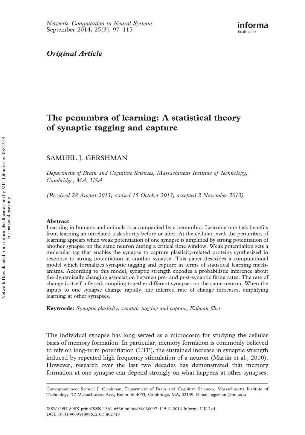 A Statistical Theory of Synaptic Tagging and Capture