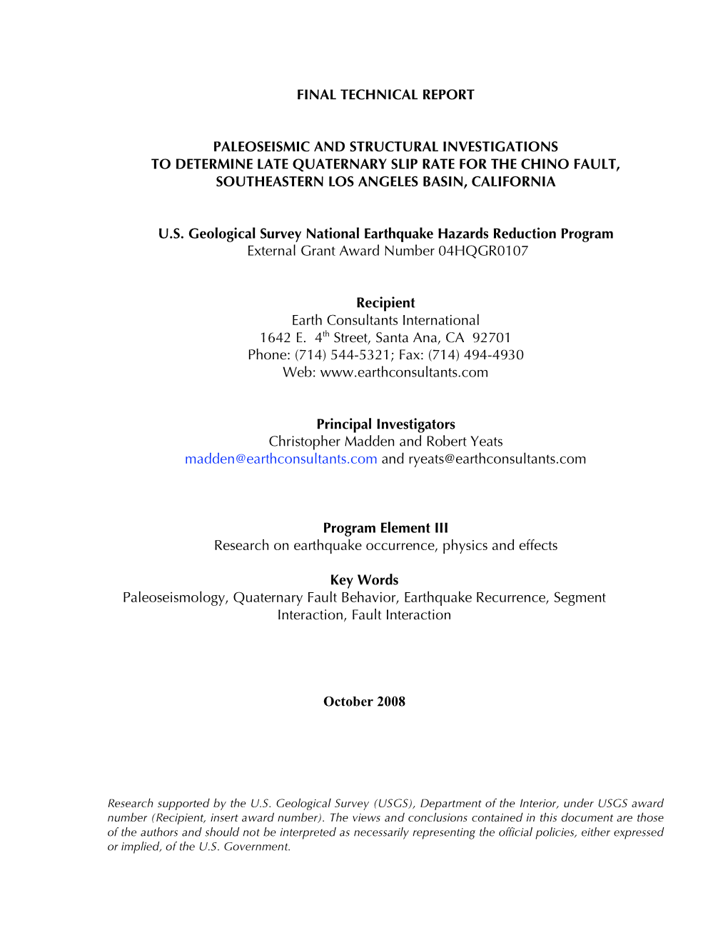 Final Technical Report Paleoseismic And