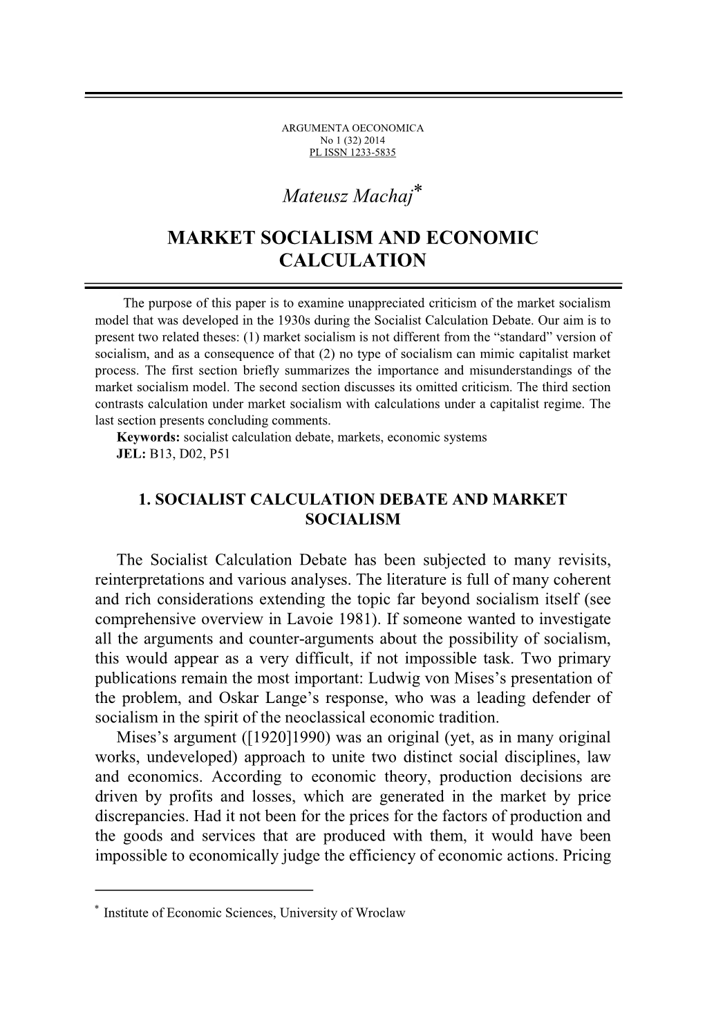 Market Socialism and Economic Calculation