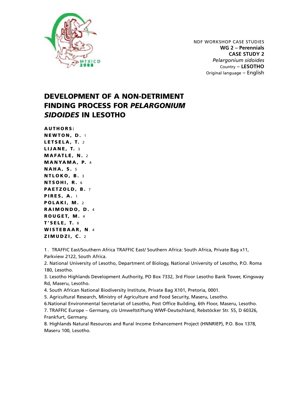 Development of a Non-Detriment Finding Process for Pelargonium Sidoides in Lesotho