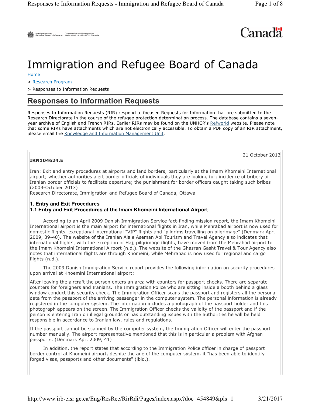 Immigration and Refugee Board of Canada Page 1 of 8