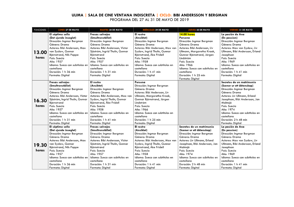 Ulima | Sala De Cine Ventana Indiscreta | Ciclo: Bibi Andersson Y Bergman Programa Del 27 Al 31 De Mayo De 2019