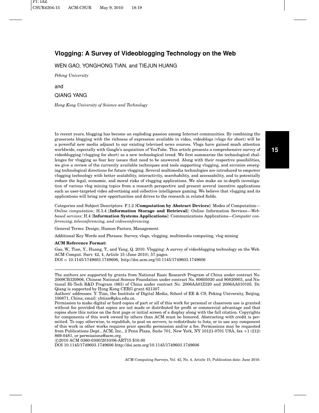 15 Vlogging: a Survey of Videoblogging Technology on The