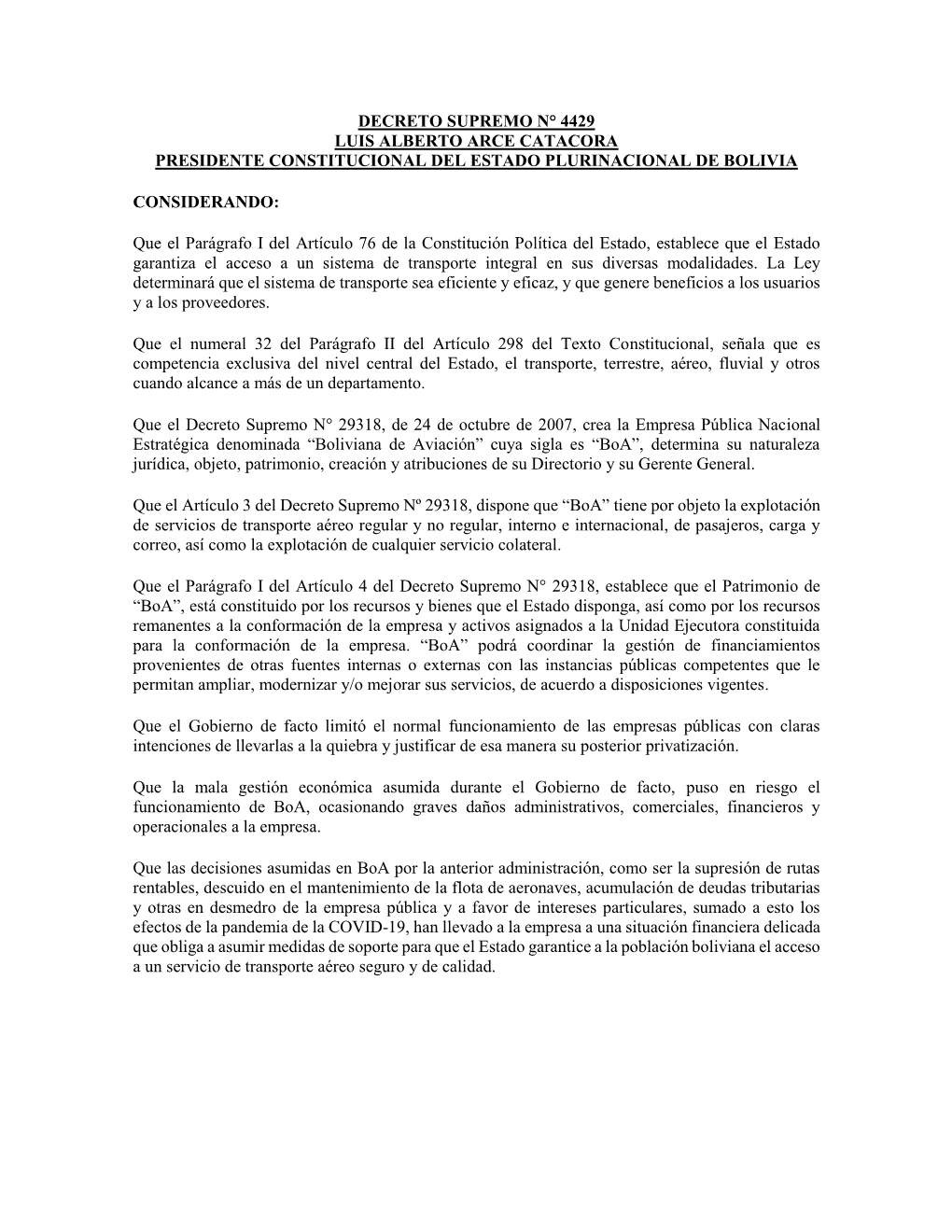 Decreto Supremo N° 4429 Luis Alberto Arce Catacora Presidente Constitucional Del Estado Plurinacional De Bolivia