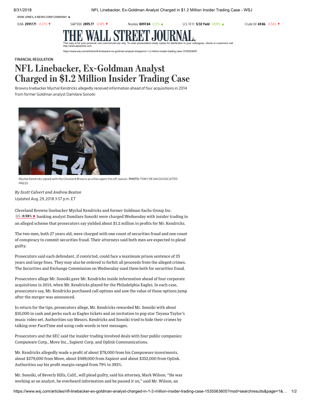 NFL Linebacker, Ex-Goldman Analyst Charged in $1.2 Million Insider Trading Case - WSJ