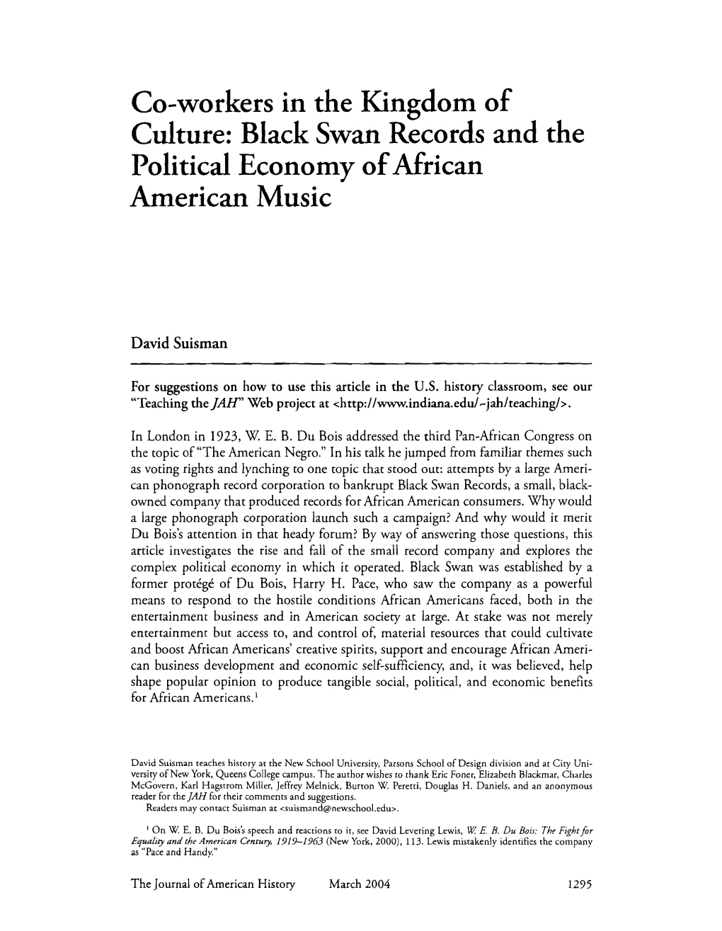 Black Swan Records and the Political Economy Ofmrican American Music