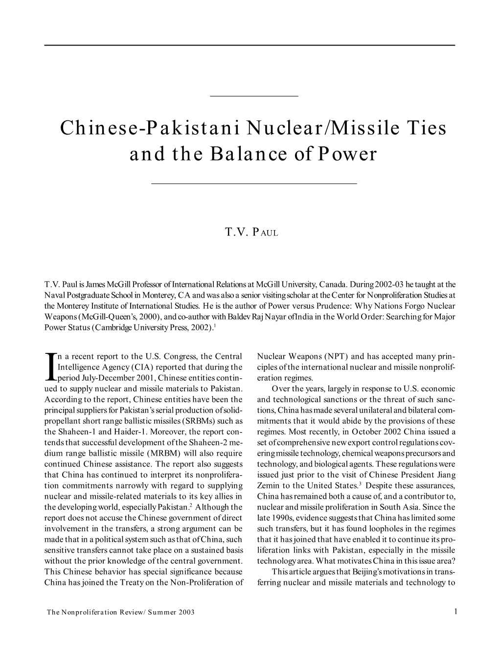 Chinese-Pakistani Nuclear/Missile Ties and the Balance of Power