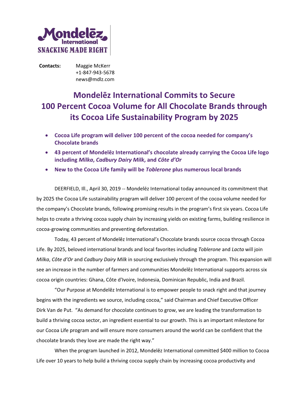 MDLZ Corporate Press Release Template