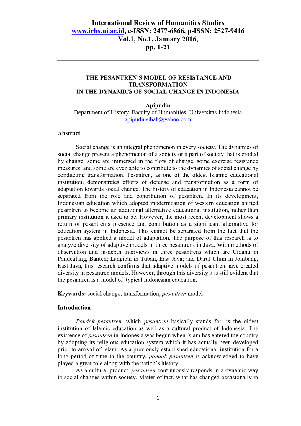 International Review of Humanities Studies E-ISSN: 2477-6866, P-ISSN: 2527-9416 Vol.1, No.1, January 2016, Pp