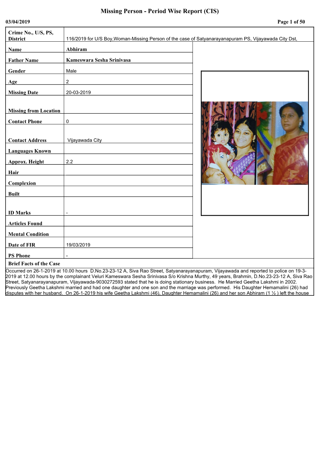 Missing Person - Period Wise Report (CIS) 03/04/2019 Page 1 of 50