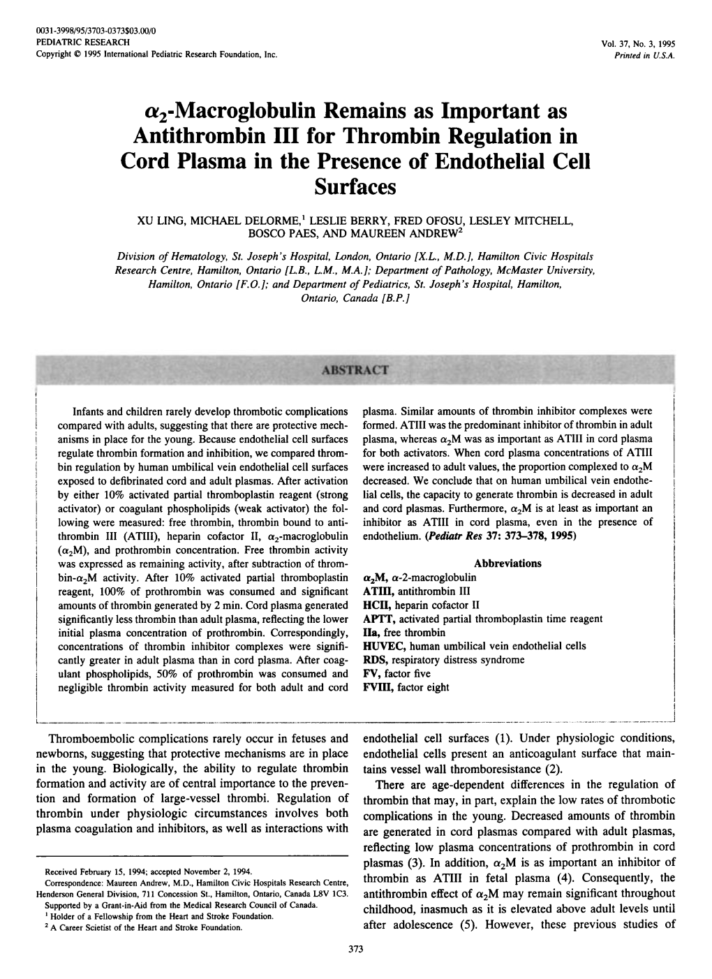 A,-Macroglobulin Remains As Important As Antithrombin I11 for Thrombin Regulation in Cord Plasma in the Presence of Endothelial Cell Surfaces