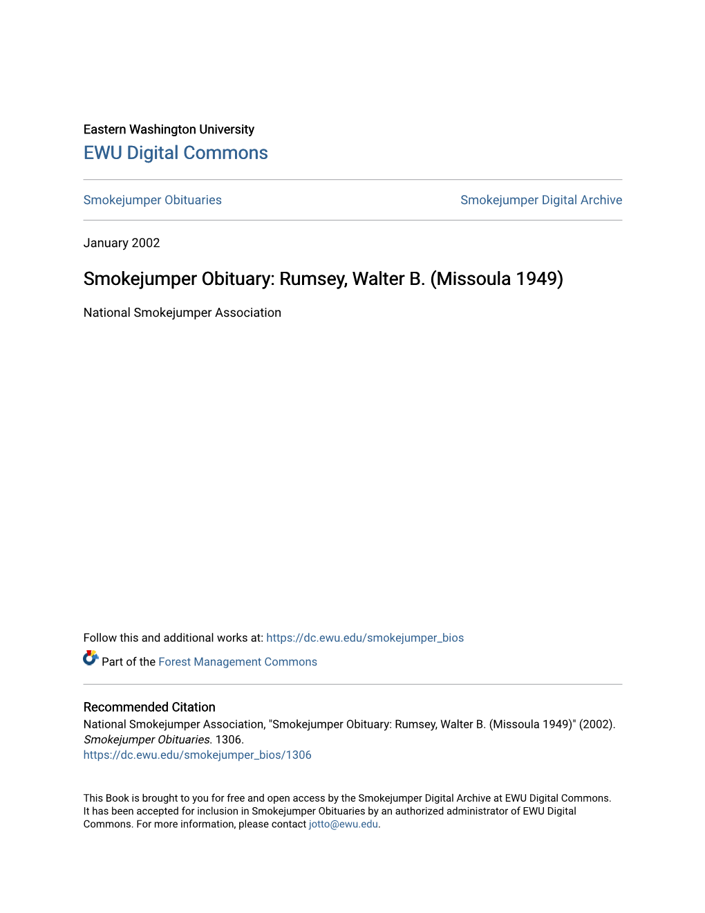 Smokejumper Obituary: Rumsey, Walter B. (Missoula 1949)