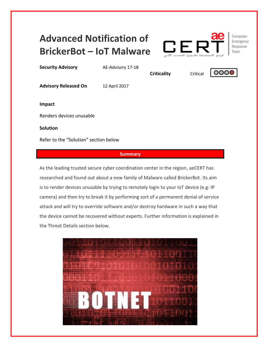 Advanced Notification of Brickerbot – Iot Malware