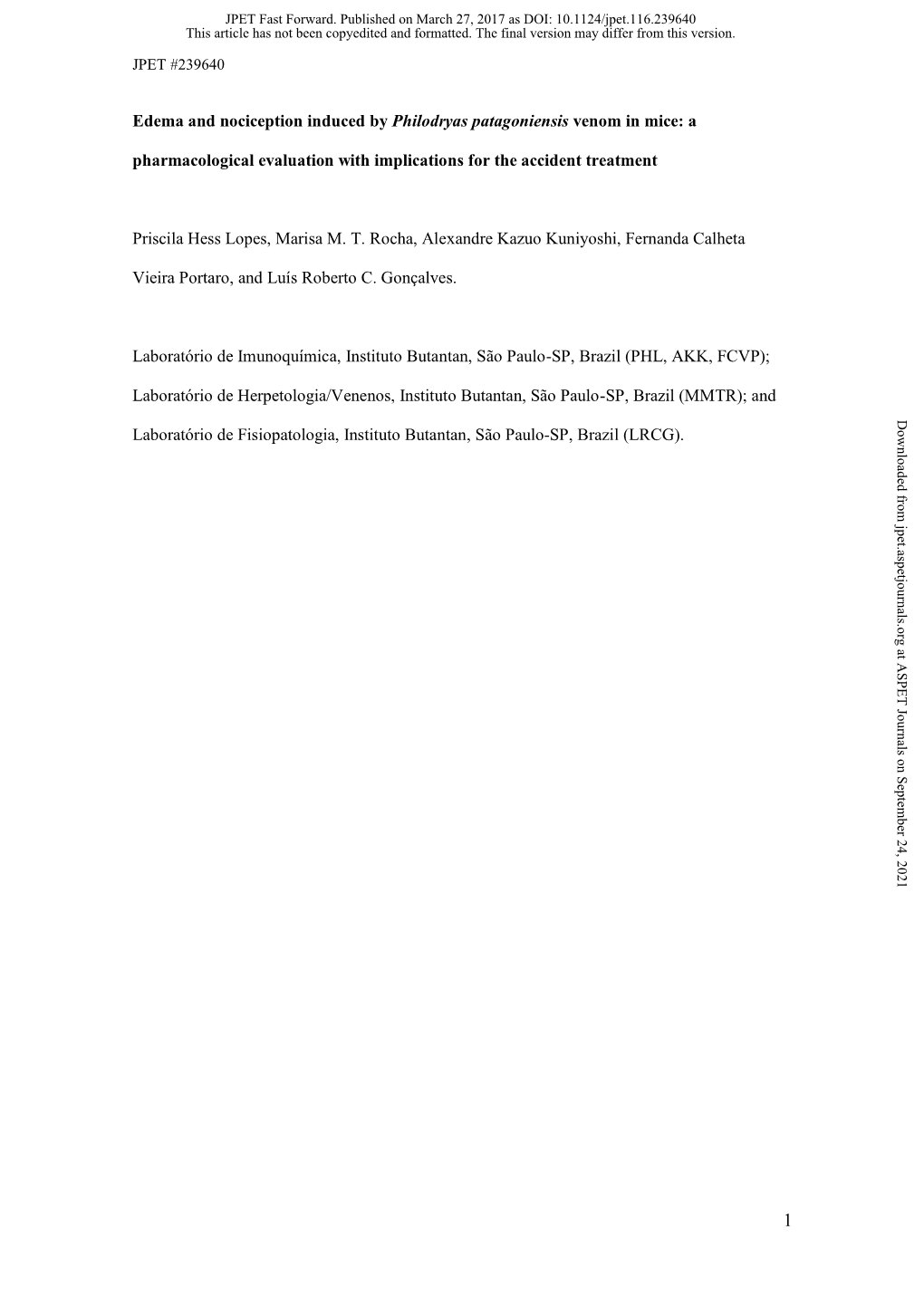 Edema and Nociception Induced by Philodryas Patagoniensis Venom in Mice: a Pharmacological Evaluation with Implications for the Accident Treatment