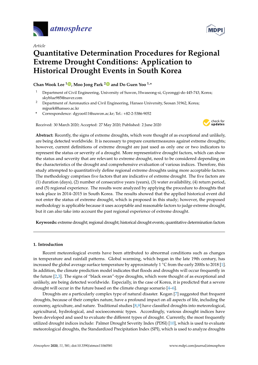 Quantitative Determination Procedures for Regional Extreme Drought Conditions: Application to Historical Drought Events in South Korea