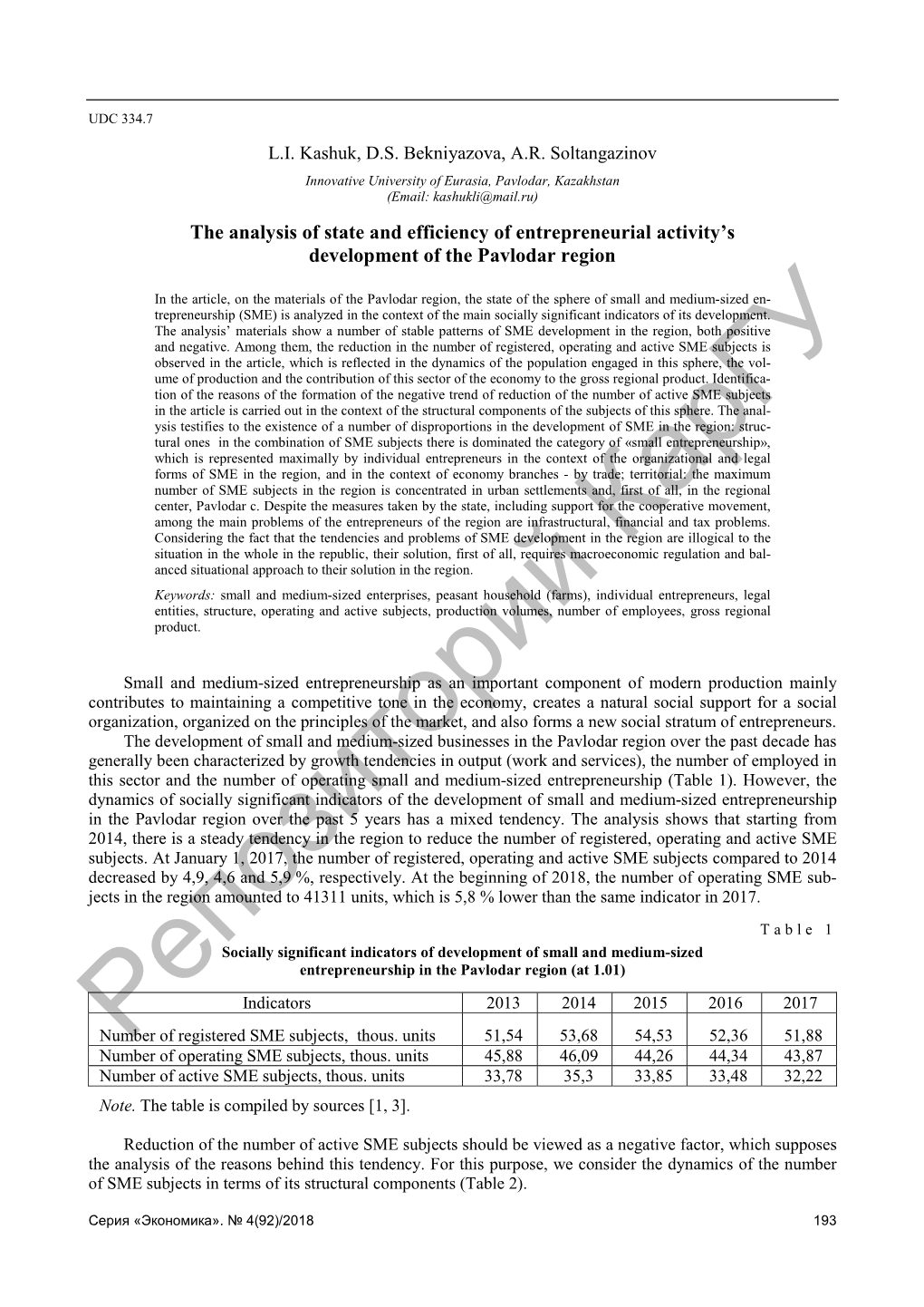 The Analysis of State and Efficiency of Entrepreneurial Activity's