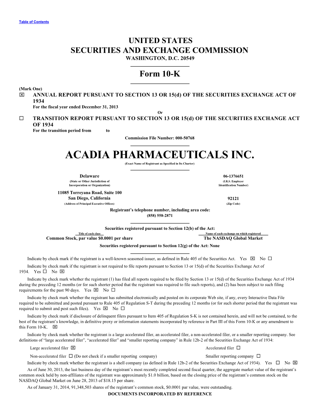 ACADIA PHARMACEUTICALS INC. (Exact Name of Registrant As Specified in Its Charter)