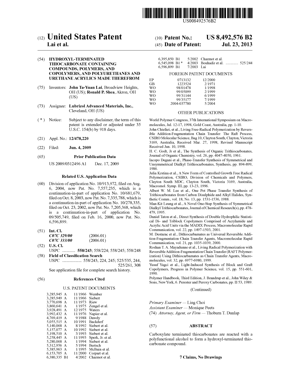 (12) United States Patent (10) Patent No.: US 8.492.576 B2 Lai Et Al