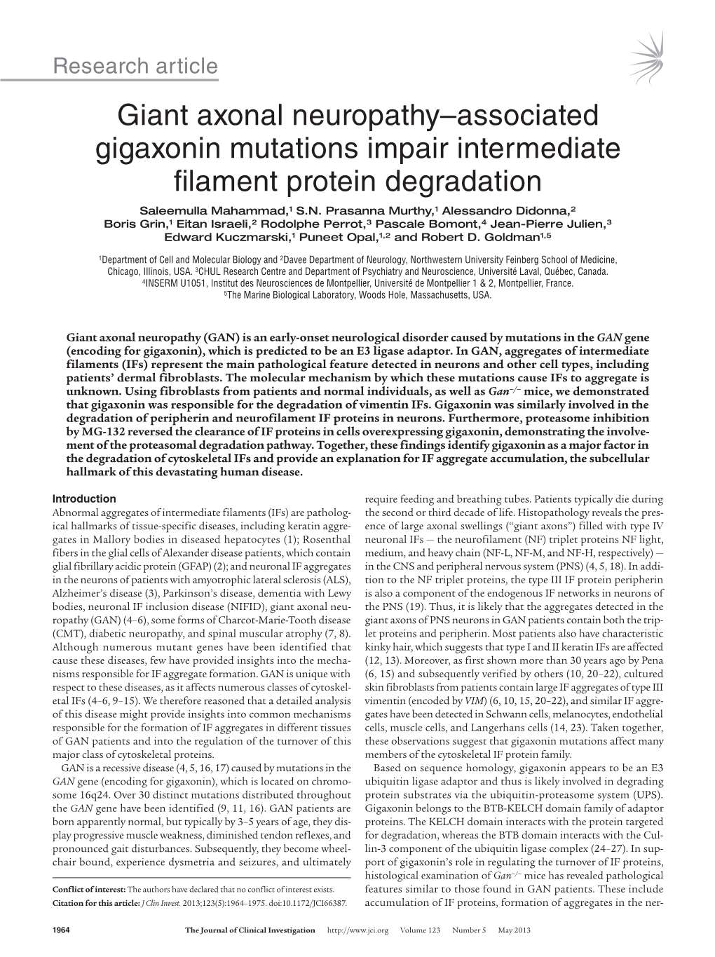 Jci.Org Volume 123 Number 5 May 2013 Research Article Vous System, Loss of Peripheral Axons, and Muscle Atrophy (28, 29)