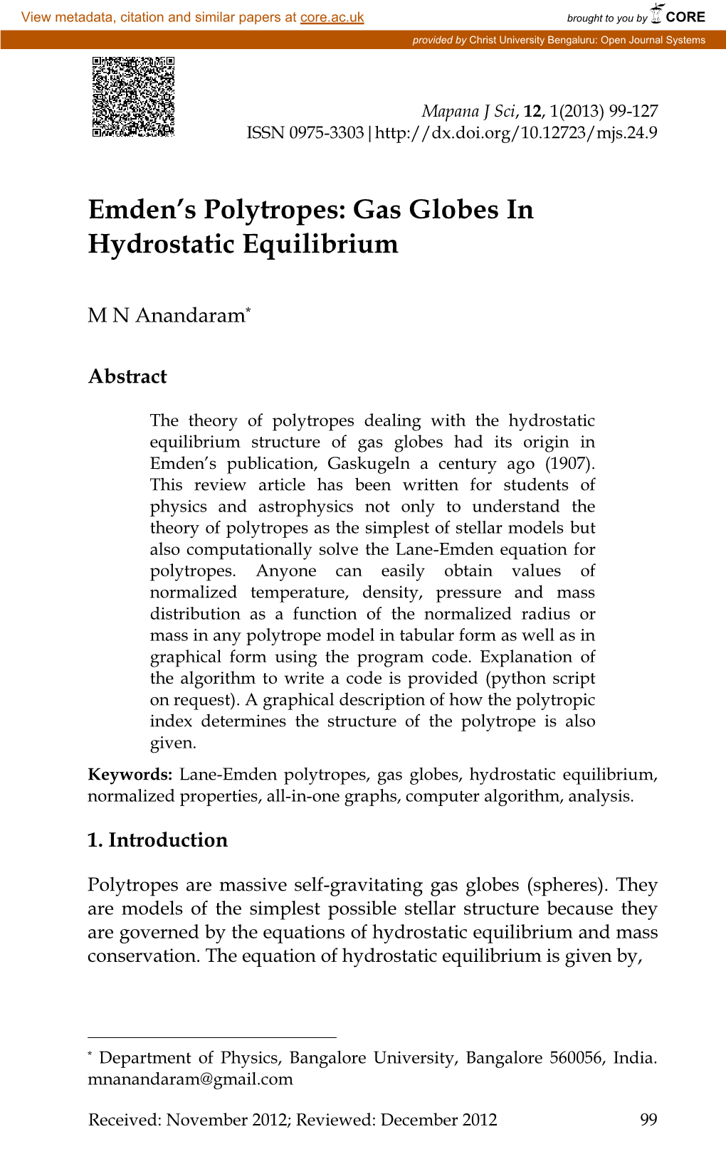 Emden's Polytropes: Gas Globes in Hydrostatic Equilibrium