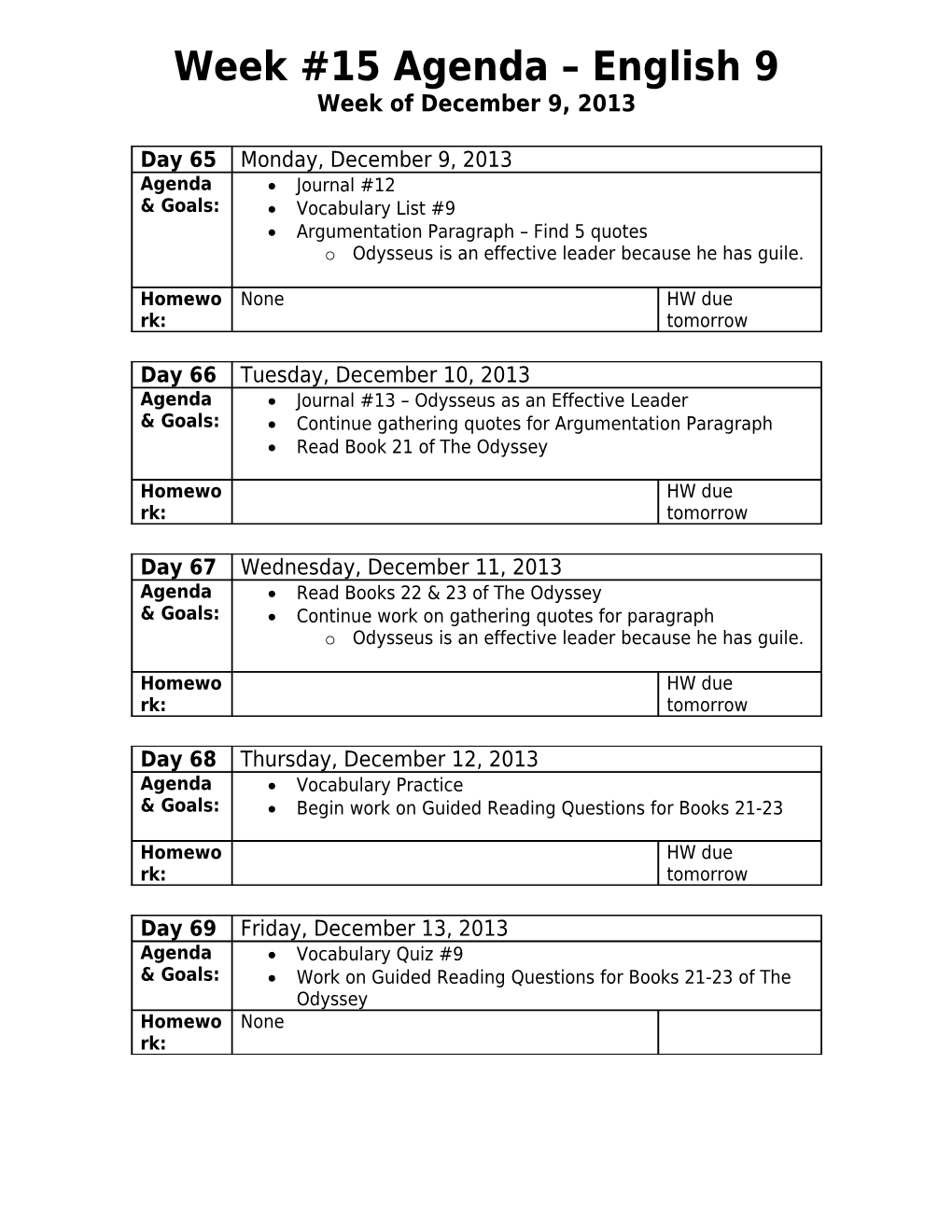 Week #2 Agenda English 9