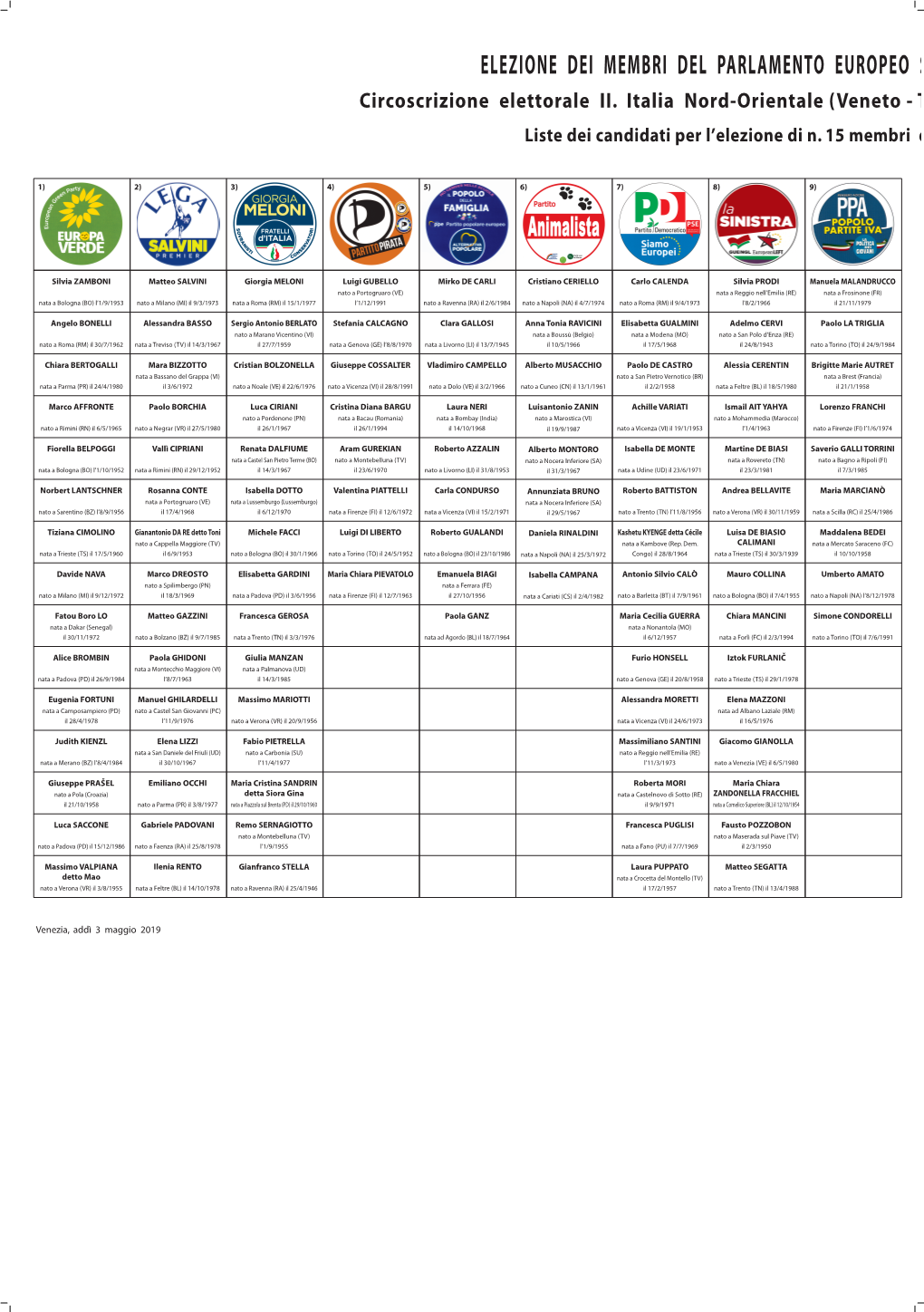ELEZIONE DEI MEMBRI DEL PARLAMENTO EUROPEO SPETTANTI ALL’ ITALIA DI DOMENICA 26 MAGGIO 2019 Circoscrizione Elettorale II