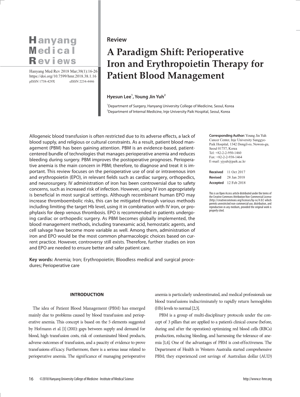 Perioperative Iron and Erythropoietin Therapy for Patient Blood