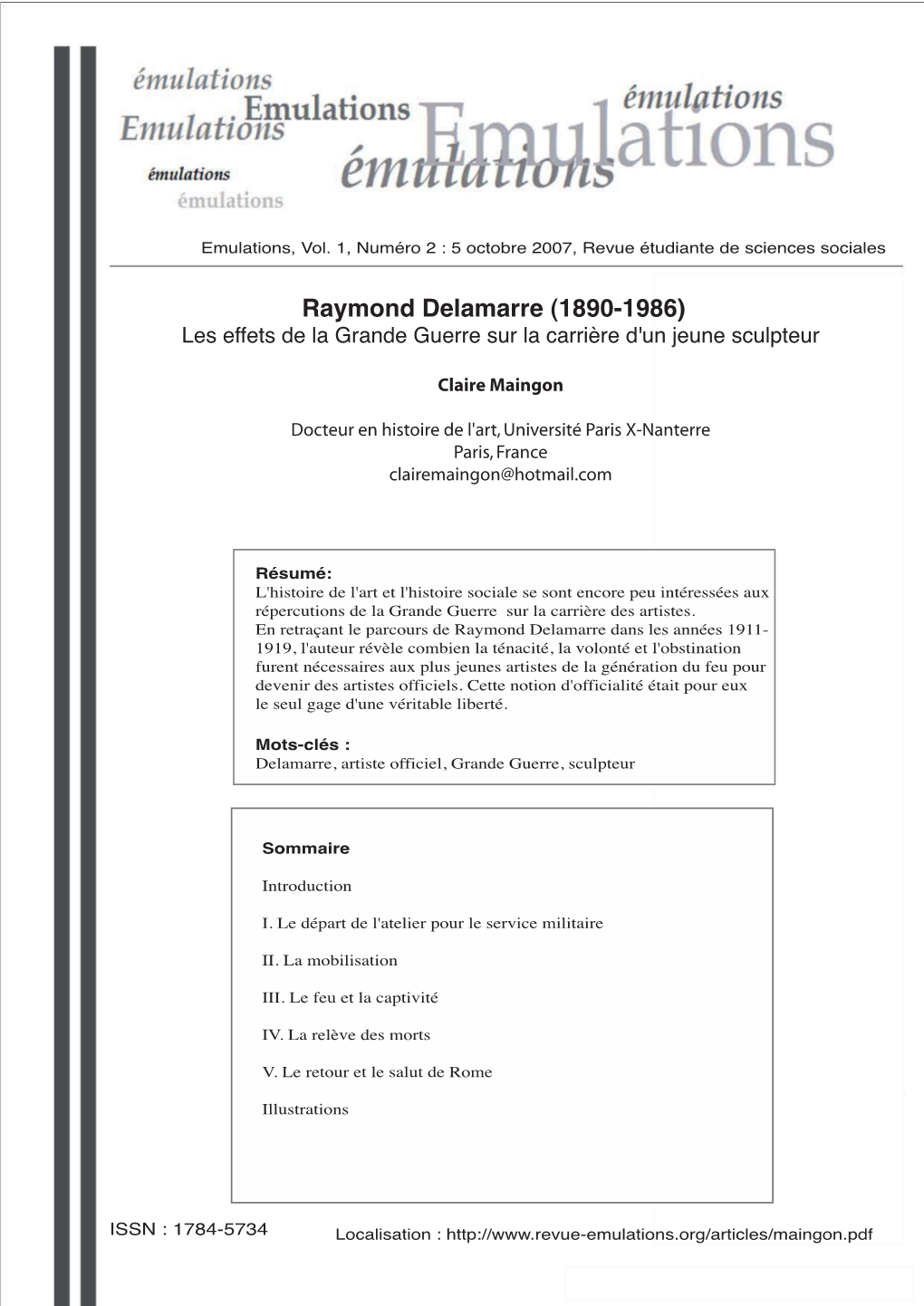 Raymond Delamarre (1890-1986) Les Effets De La Grande Guerre Sur La Carrière D'un Jeune Sculpteur