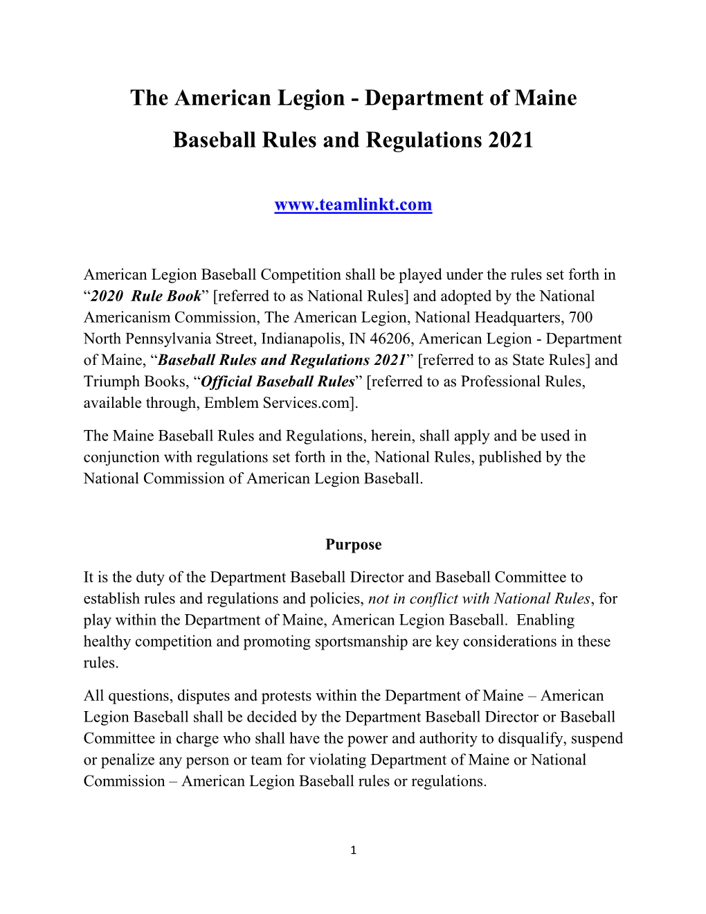 Department of Maine Baseball Rules and Regulations 2021