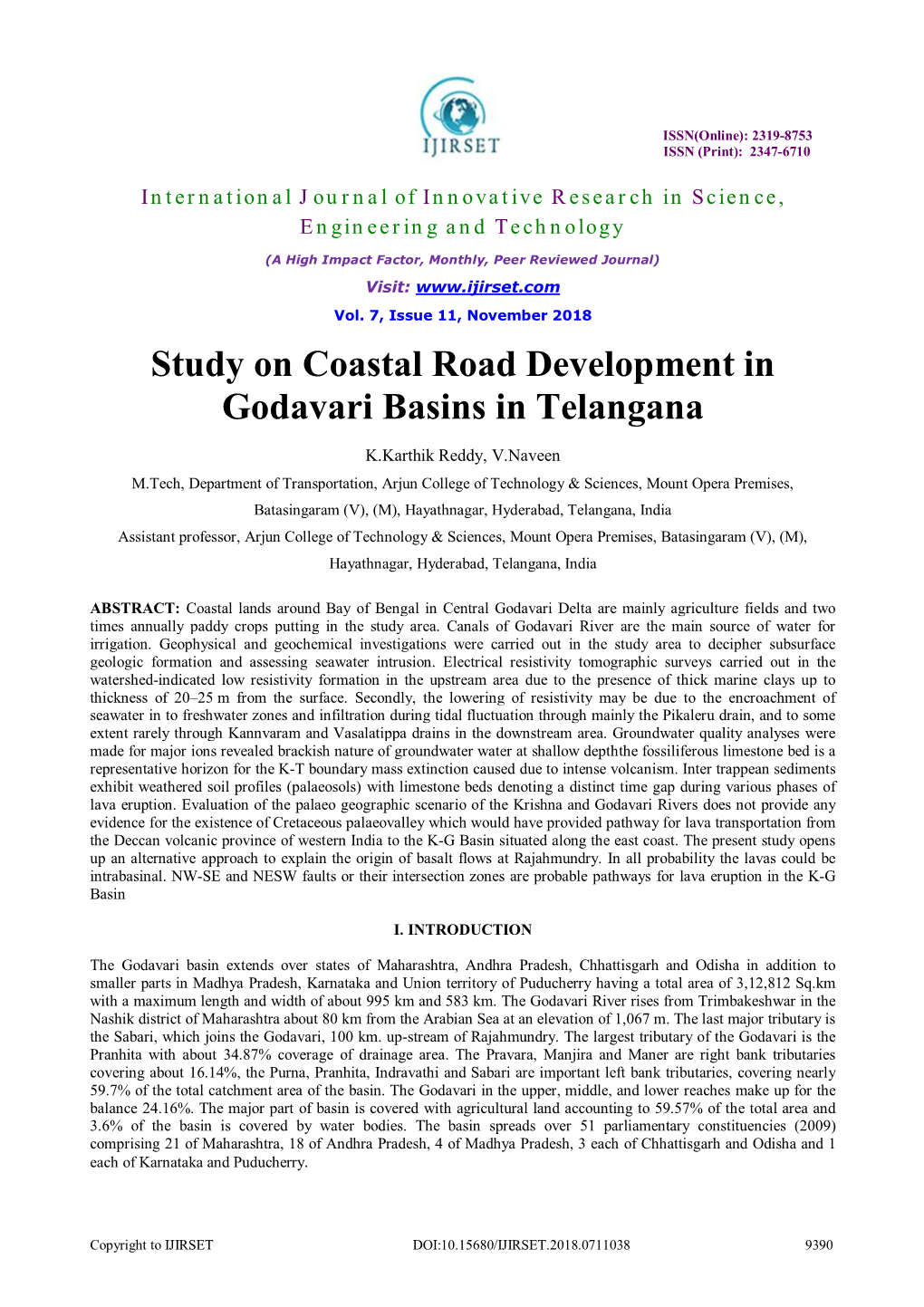 Study on Coastal Road Development in Godavari Basins in Telangana