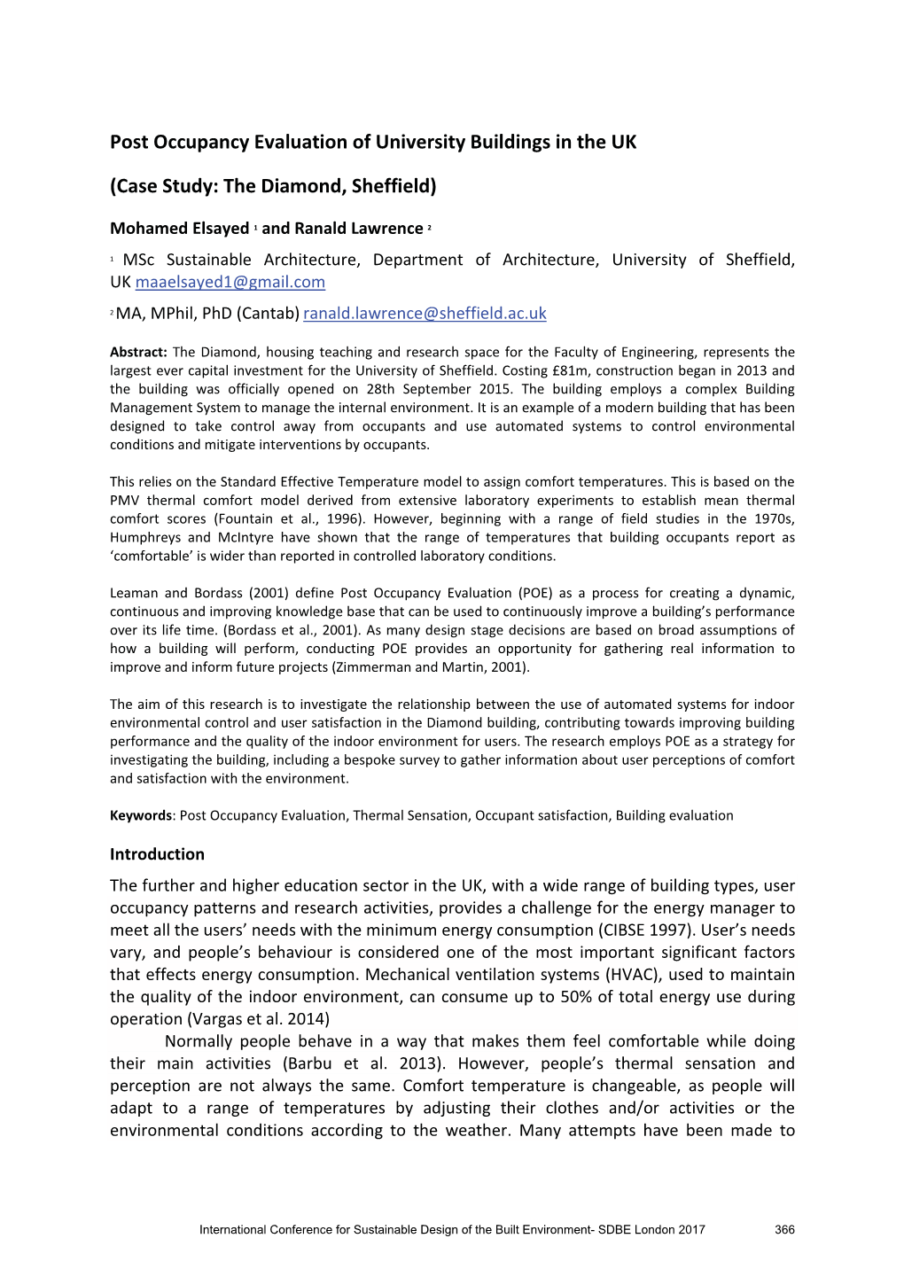 Post Occupancy Evaluation of University Buildings in the UK