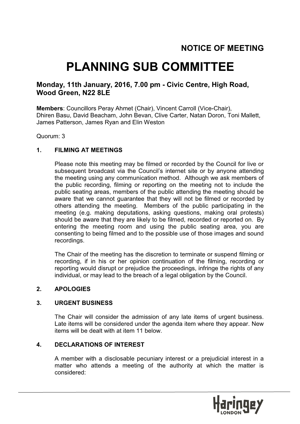 (Public Pack)Agenda Document for Planning Sub Committee, 11/01