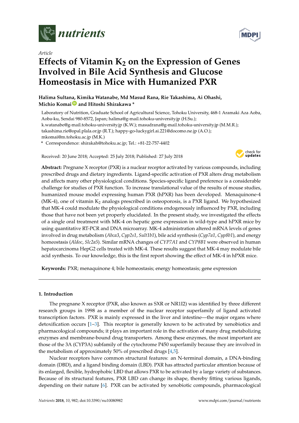 Effects of Vitamin K2 on the Expression of Genes Involved in Bile Acid Synthesis and Glucose Homeostasis in Mice with Humanized PXR