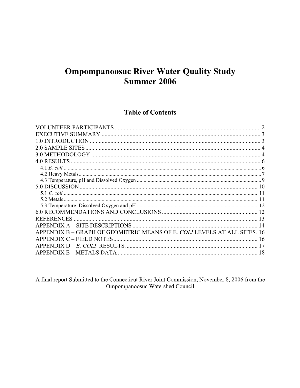 Ompompanoosuc River Water Quality Study Summer 2006