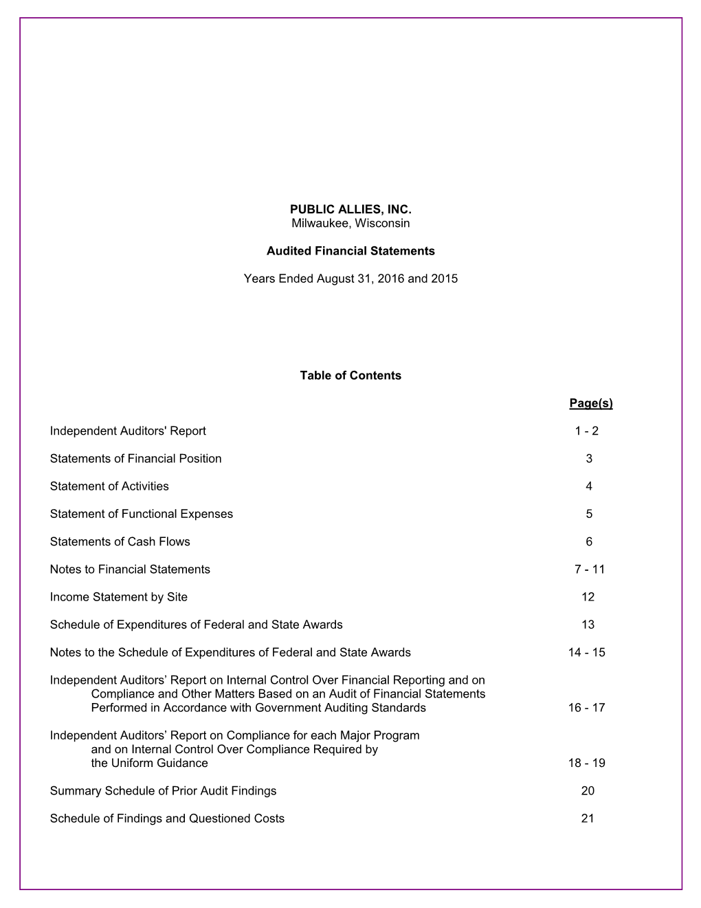 PUBLIC ALLIES, INC. Milwaukee, Wisconsin Audited Financial