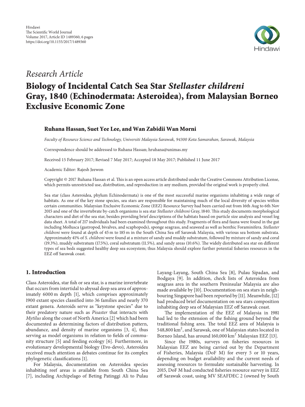 Biology of Incidental Catch Sea Star Stellaster Childreni Gray, 1840 (Echinodermata: Asteroidea), from Malaysian Borneo Exclusive Economic Zone